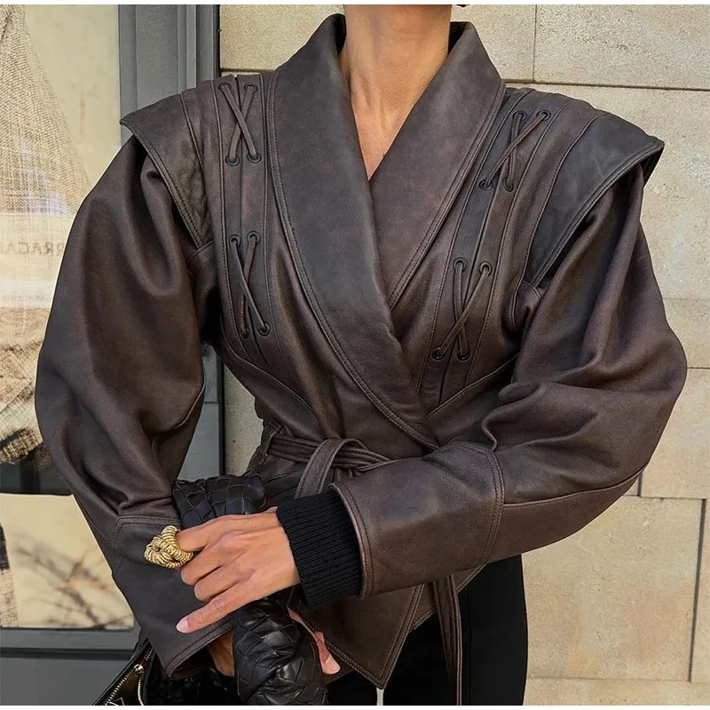 

2025 Women's Vintage Leather Jacket - Chic Lapel, Lace-up Design, Long Sleeves, Pockets, Short Coat - Autumn Fashion Streetwear