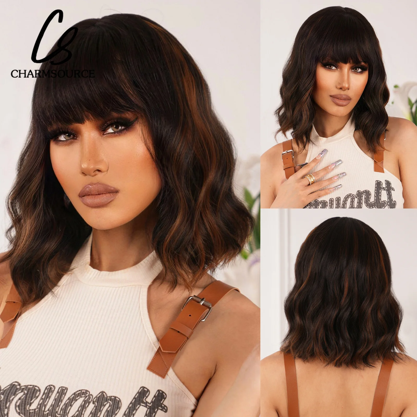 

CharmSource Brown Wigs Short Wavy Wigs for Women Synthetic Bob Wig Good Quality Hair Party Daily High Temperature Resistance