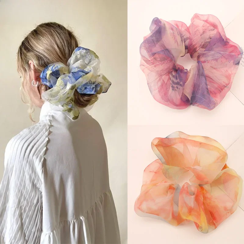 Lystrfac nowy ponadgabarytowy nadruk z organzy Scrunchie dla kobiet dziewczynki elastyczne gumki do włosów opaska do włosów uchwyt na kucyk akcesoria do włosów — zdjęcie 2