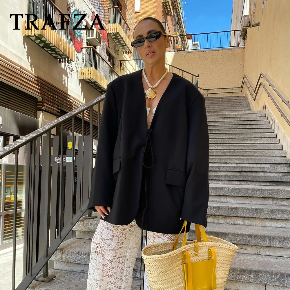 TRAFZA primavera estate donna Office Lady Solid Blazer tasche giacche con fiocco allentato Blazer con scollo a v con lacci moda donna 2024 Chic top