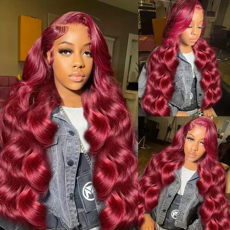 

250% Density 99j Burgundy Lace Front Wigs Human Hair 13x4 Body Wave Lace Frontal Wigs Wine Red Colored Transparent Lace Wigs