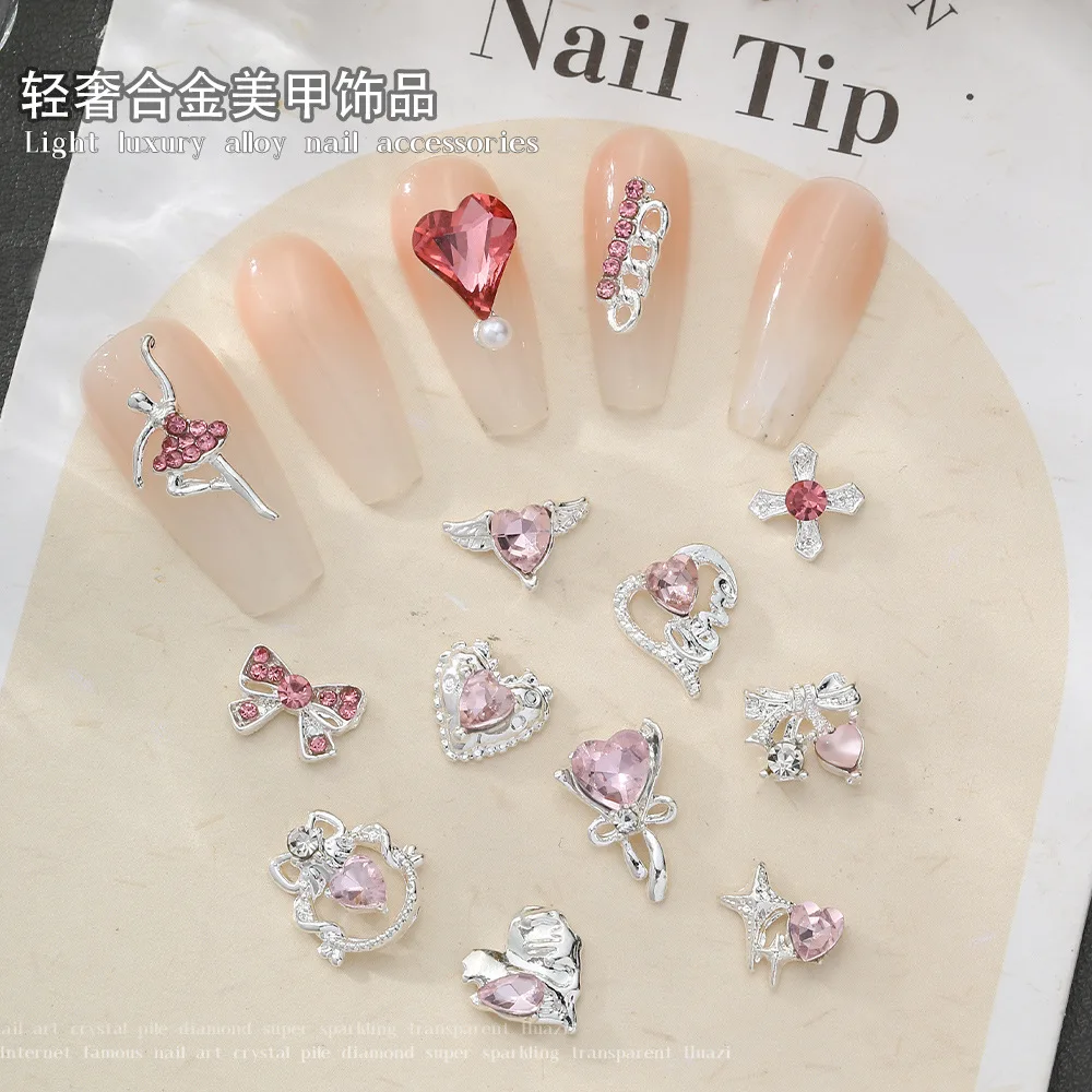 10Pcs Luxury Heart Nail Charms 3D Alloy Sparkling Pink Diamond Bow Star Ballet Girl Nail Art Decorations Rhinestones Gem DIY