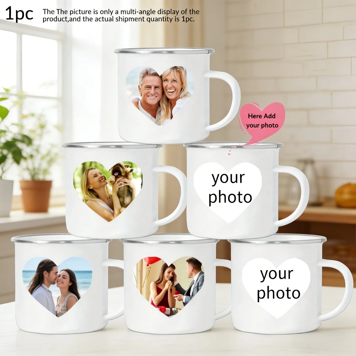 Personalized Heart Photo Enamel Camping Mug Custom Family Picture Printed Metal Mug Birthday Wedding Keepsake Gift for Family.