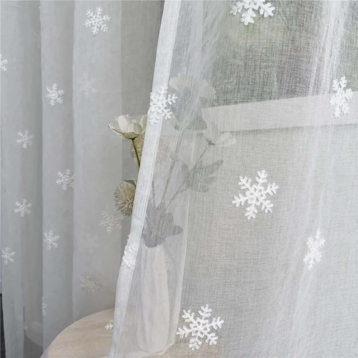 Christmas Home Decor White Romantic Snowflake Embroidery Tulle Curtain Imitation Linen Elegant Curtain For Living Room Bedroom