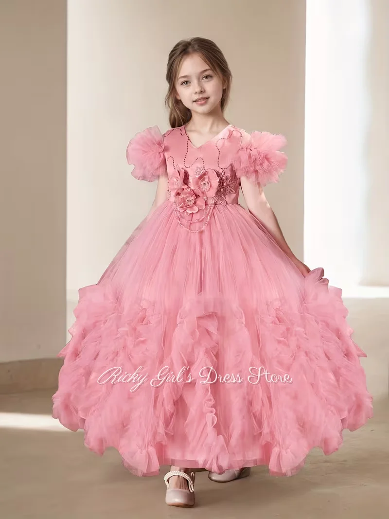 Pink Girls Birthday Flower Girl Dress With Sleeves Puffy Princess Gown Kids Host Performance Formal Party Celebration Gown