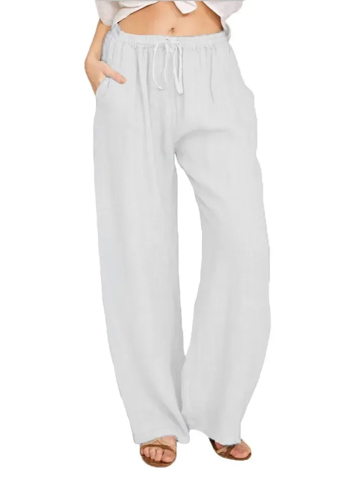 Women's Cotton Linen Pants Casual Loose Solid Elastic Waist Pocket Straight Trousers Ladies Oversize Wide Leg Pant Streetwear, image 10