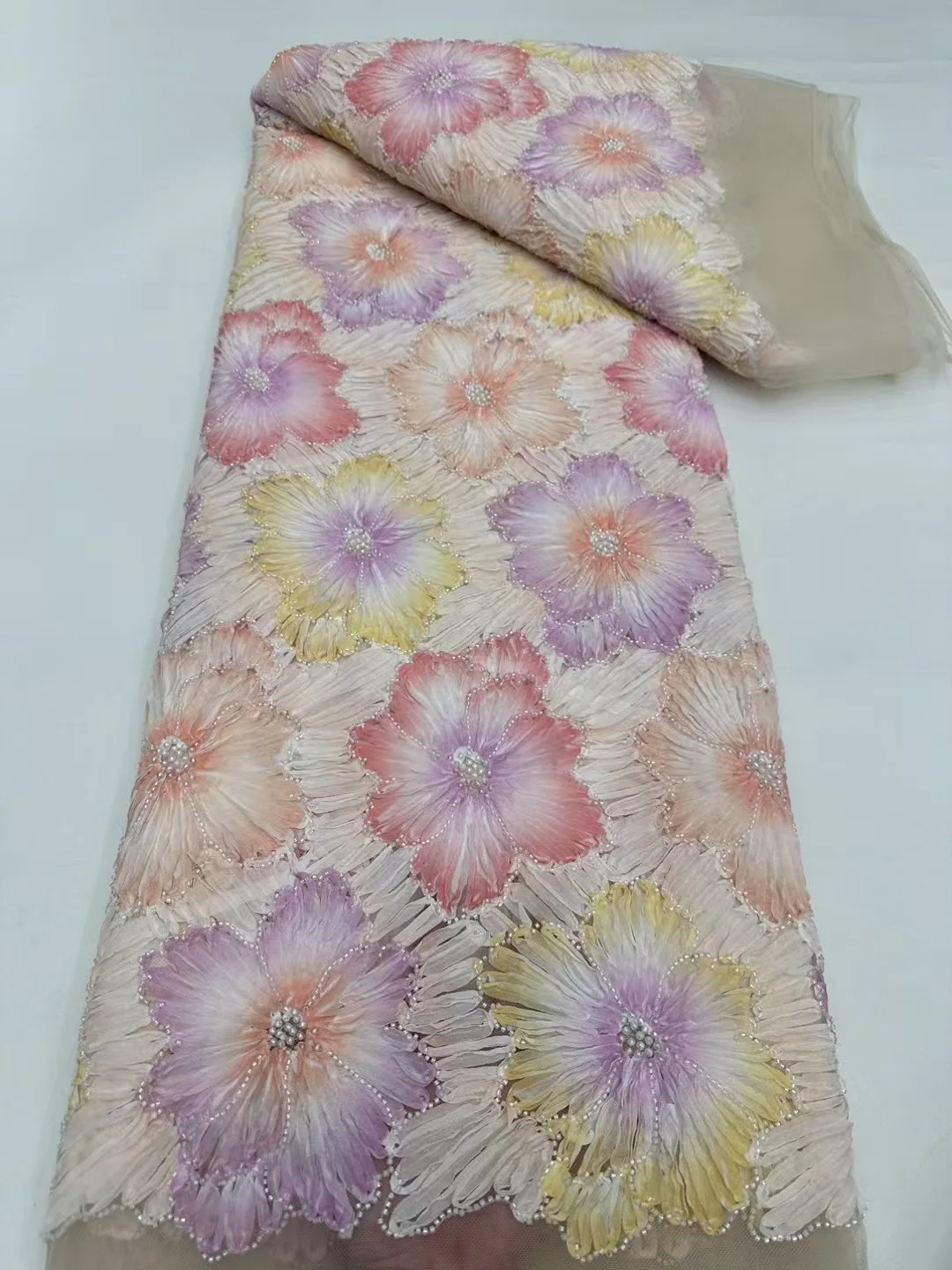 

African Tulle Lace Fabric 2025 Full Chain Stitch Embroidery Floral Sequin Beaded French Net Fabric For Wedding Party Dress 5Yard