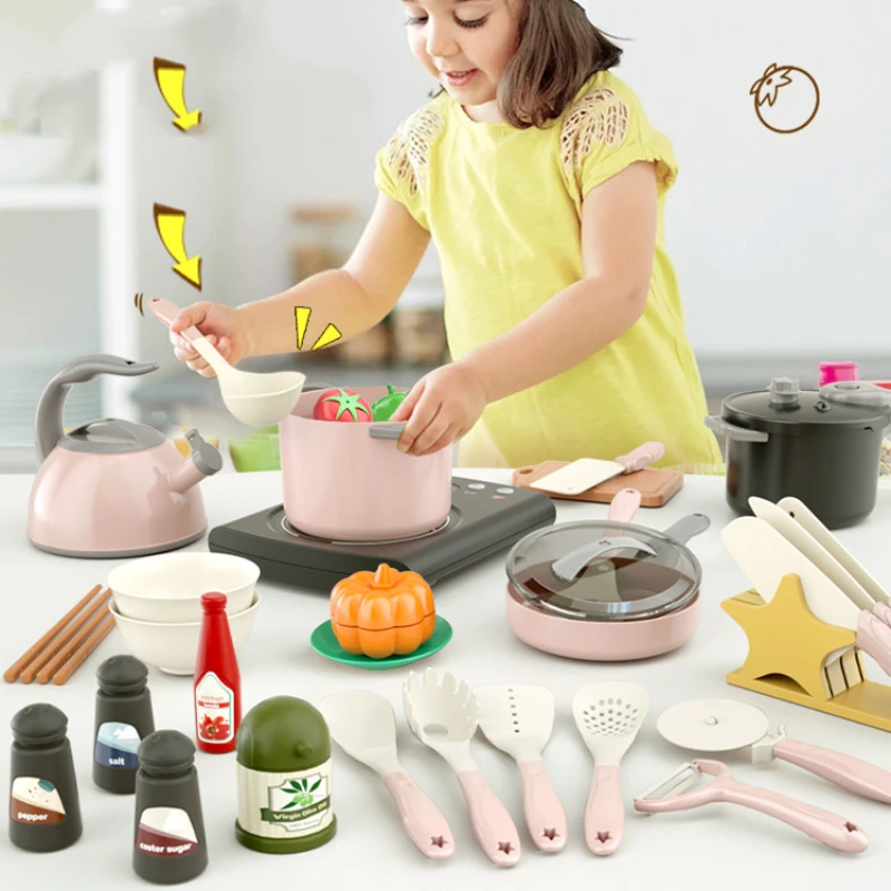 Simulazione per bambini giocattolo da cucina 31 pezzi bambini giocano Set da cucina finta di cucinare suono luce fornello a induzione ragazze ragazzi regalo