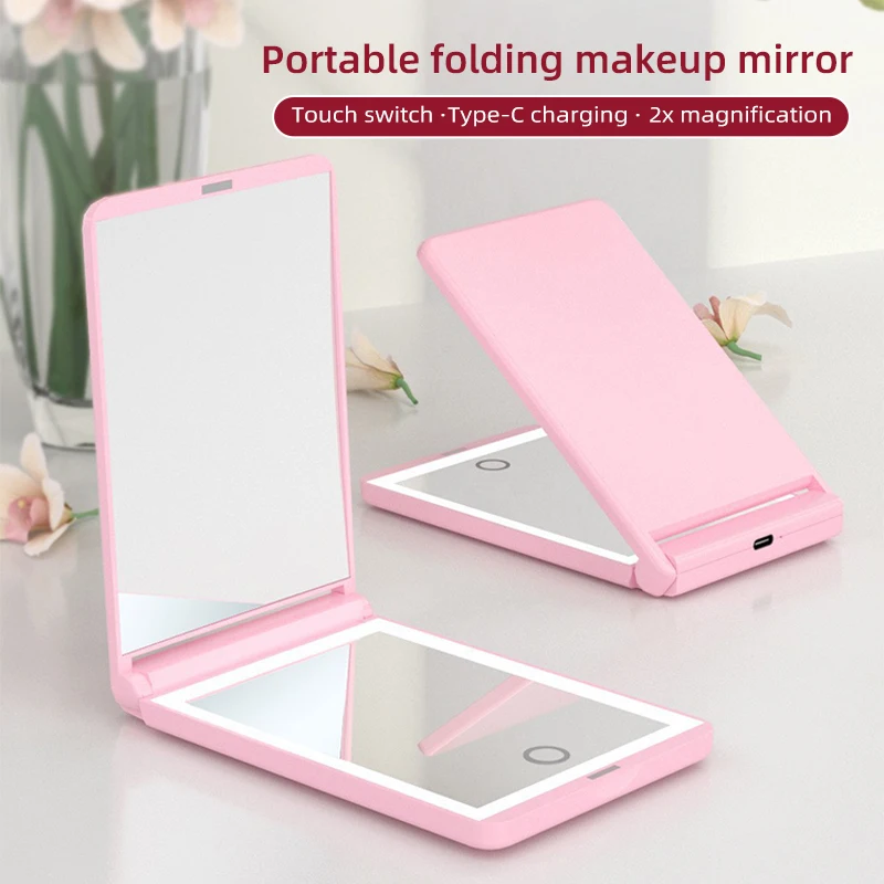 

Handheld LED makeup mirror folding fill light small mirror HD dressing mirror USB charging beauty mirror portable pocket mirror