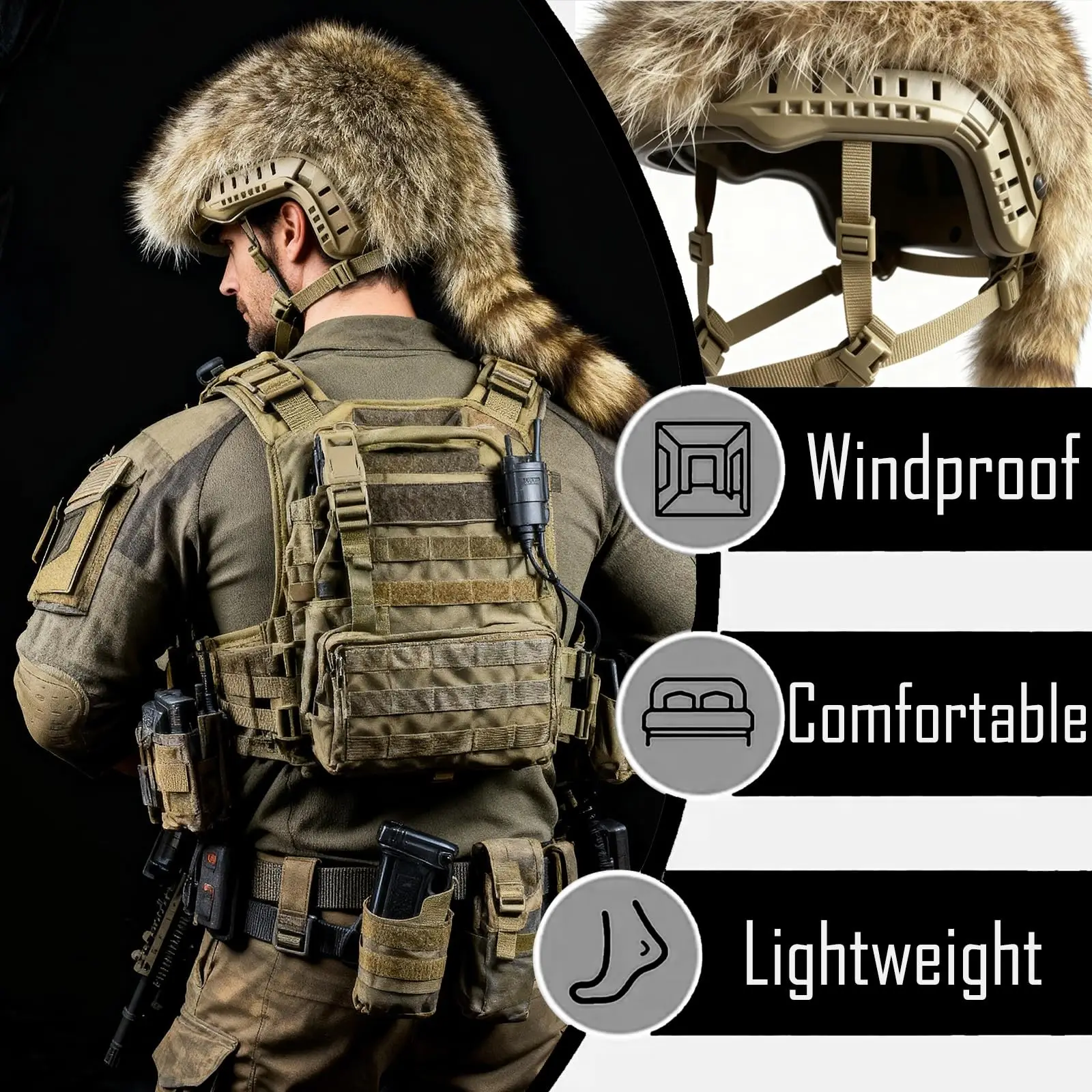 

Raccoon Fur Fast High Cut Helmet, Complete Winter Bump Helmet with Windproof Snow Camo Cover for Outdoor Airsoft and Paintball