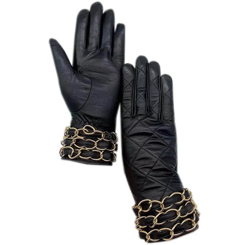 Winter ladies new genuine leather gloves warm black driving riding yellow metal chain line gift ladies sheepskin warm leather gl