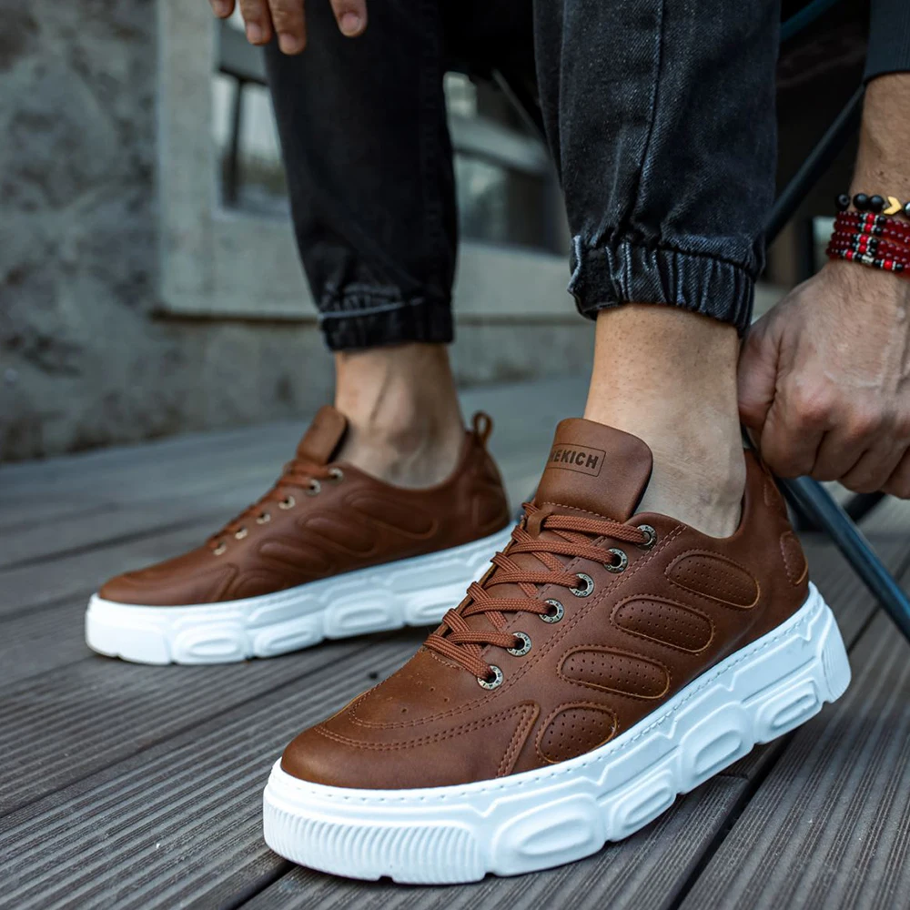 

FOH Store Sneakers for Men TAN Artificial Leather 2023 Spring Autumn Casual Lace Up Fashion Shoes High Base Sport Comfortable Light Vulcanized Daily Original Canvas Odorless Orthopedic Suits Office Wedding 105