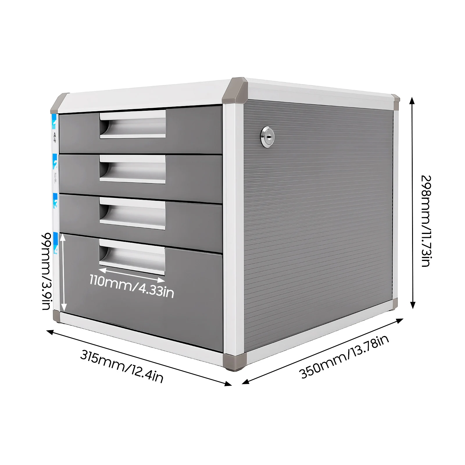 Grey Silver Document Storage Box File Storage Cabinet with 4 Lockable Drawers and Side Label for Offices and Homes