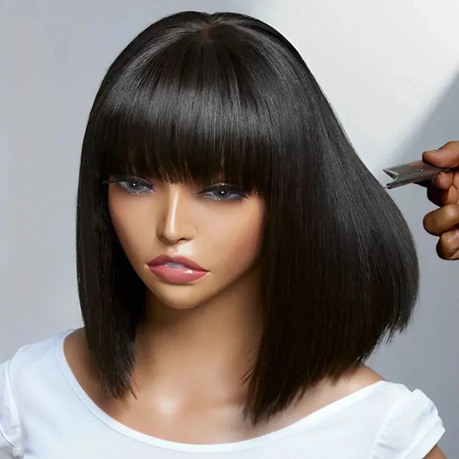 3x1 HD Lace Fake Scalp Straight Short Bob Wigs Human Hair Brazilian Human Hair With Bangs Glueless Wear Go Wigs For Women Sale