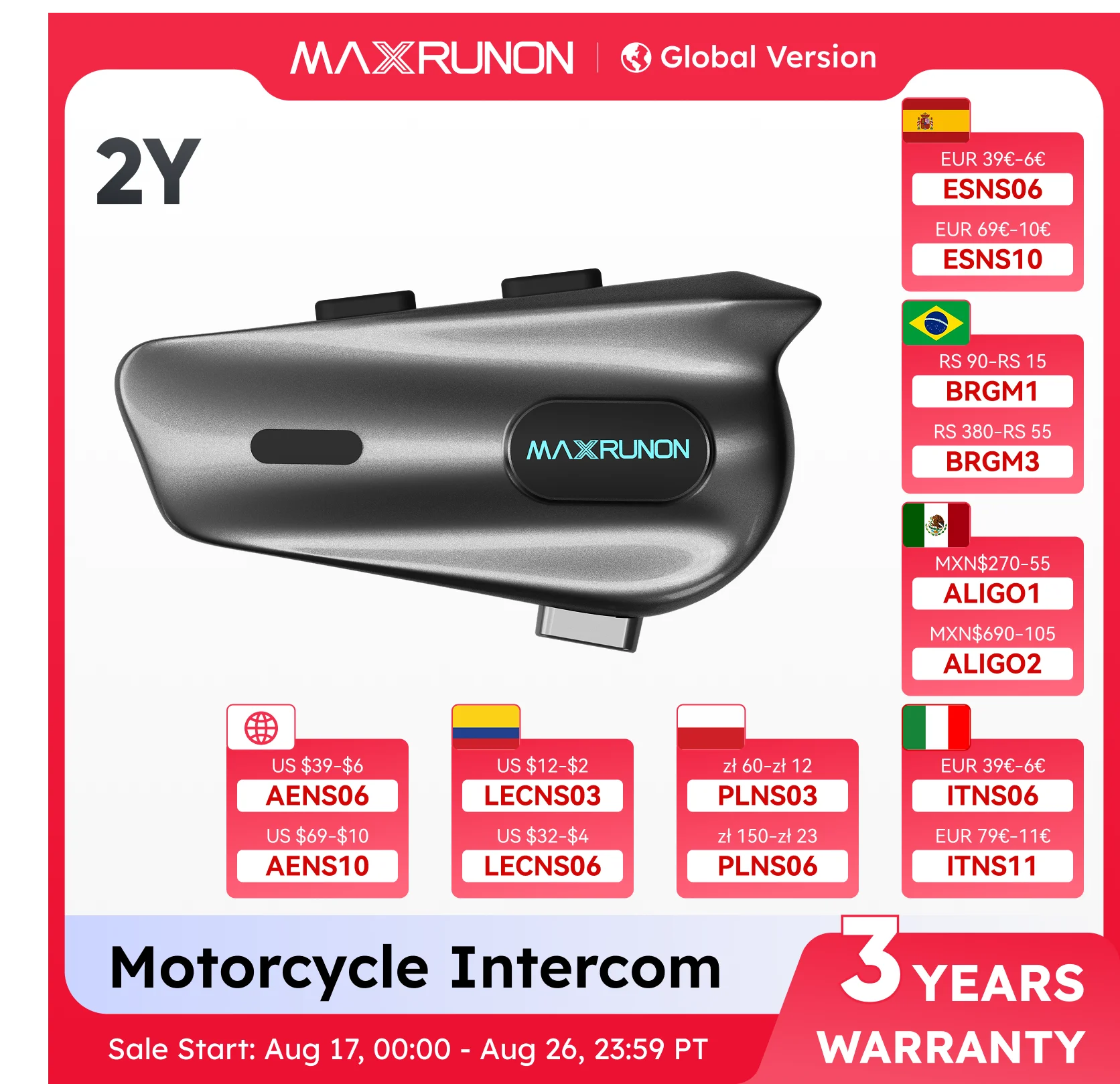 MAXRUNON 2Y Motorrad Bluetooth Intercom für 2 Fahrer Helm-Headset BT5.3 Interphone Kommunikator Multi-Audio FM-Radio