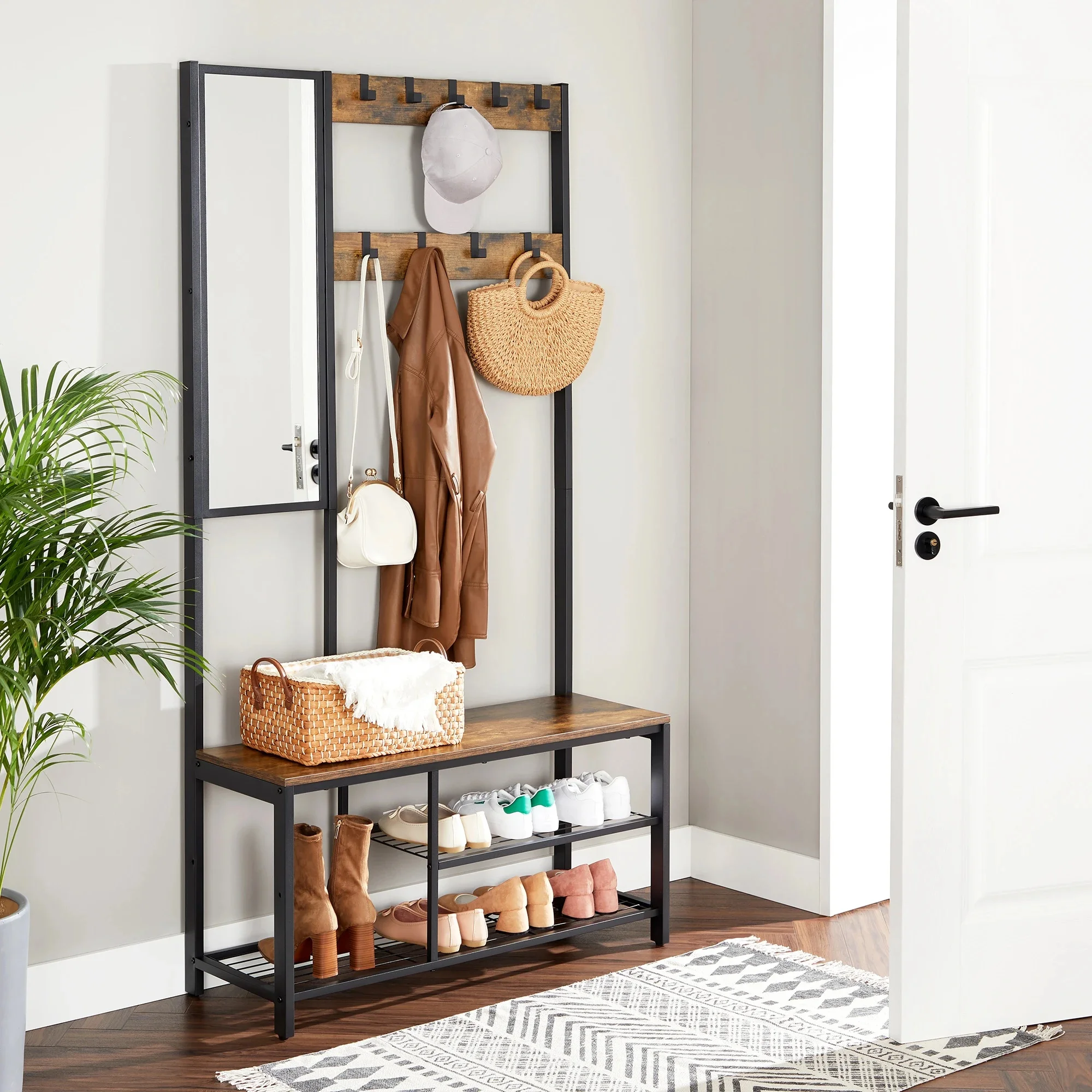 VASAGLE Garderobenständer Garderobe, Spiegel, Schuhregal mit Sitzfläche