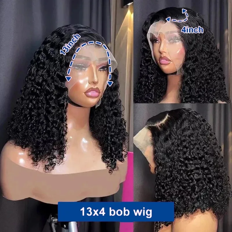 250 Density Afro Kinky Curly Wigs Human Hair 13x6 Deep Wave Short Bob Wigs 13x4 HD Lace  Wig 16 Inch Remy Hair For Black Women