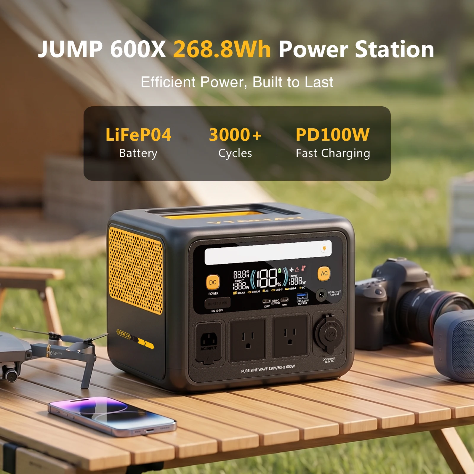 VTOMAN Jump 600X Portable Power Station 600W, 9 Ports LEP Solar Generator 50-75 Min Fast Recharge, 9.92 lbs Lightweight, 170W AC Input, 100W USB-C Output, 1200W Surge for Camping, Blackout, Road Trip