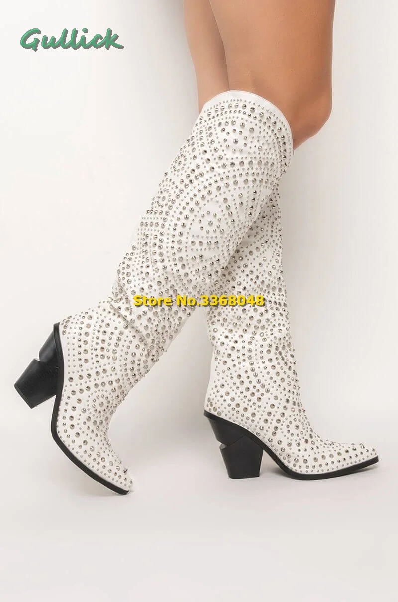 Boot Studded Pointy Toe Block West Chunky Cowboy  Heel Knee High Crystal Handmade Winter Boots White Slip On Women Fashion Shoes