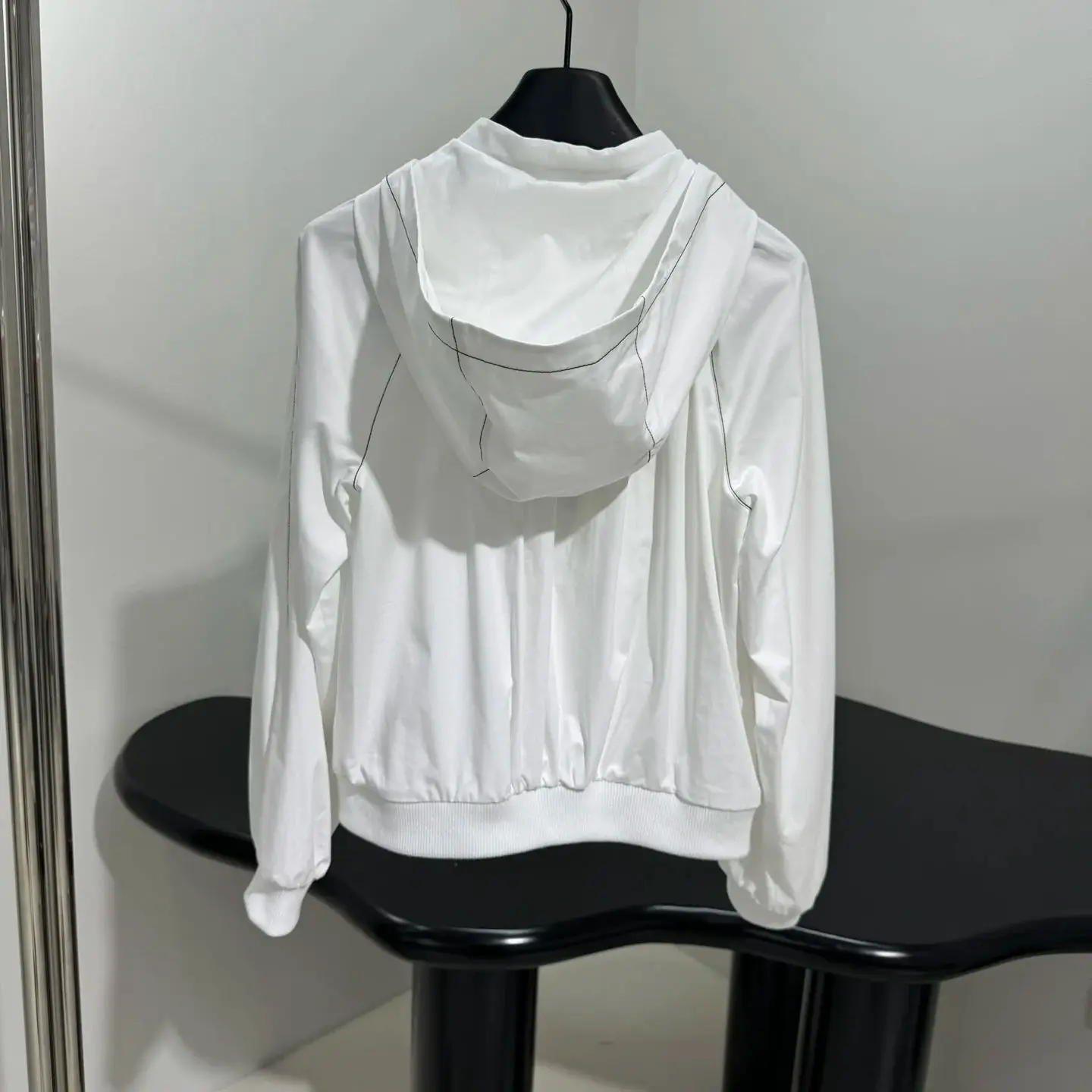 

White Regular Hooded Cotton Coat Button Pockets Straight Hem Zipper Closure Elasticated Stretch Hem and Cuffs