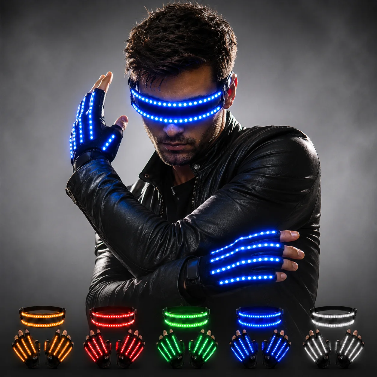 LED Fingerless Gloves Light Up Glasses Set 5 Colors for Nightclub DJ Dance Rave Festival Party Stage Costume