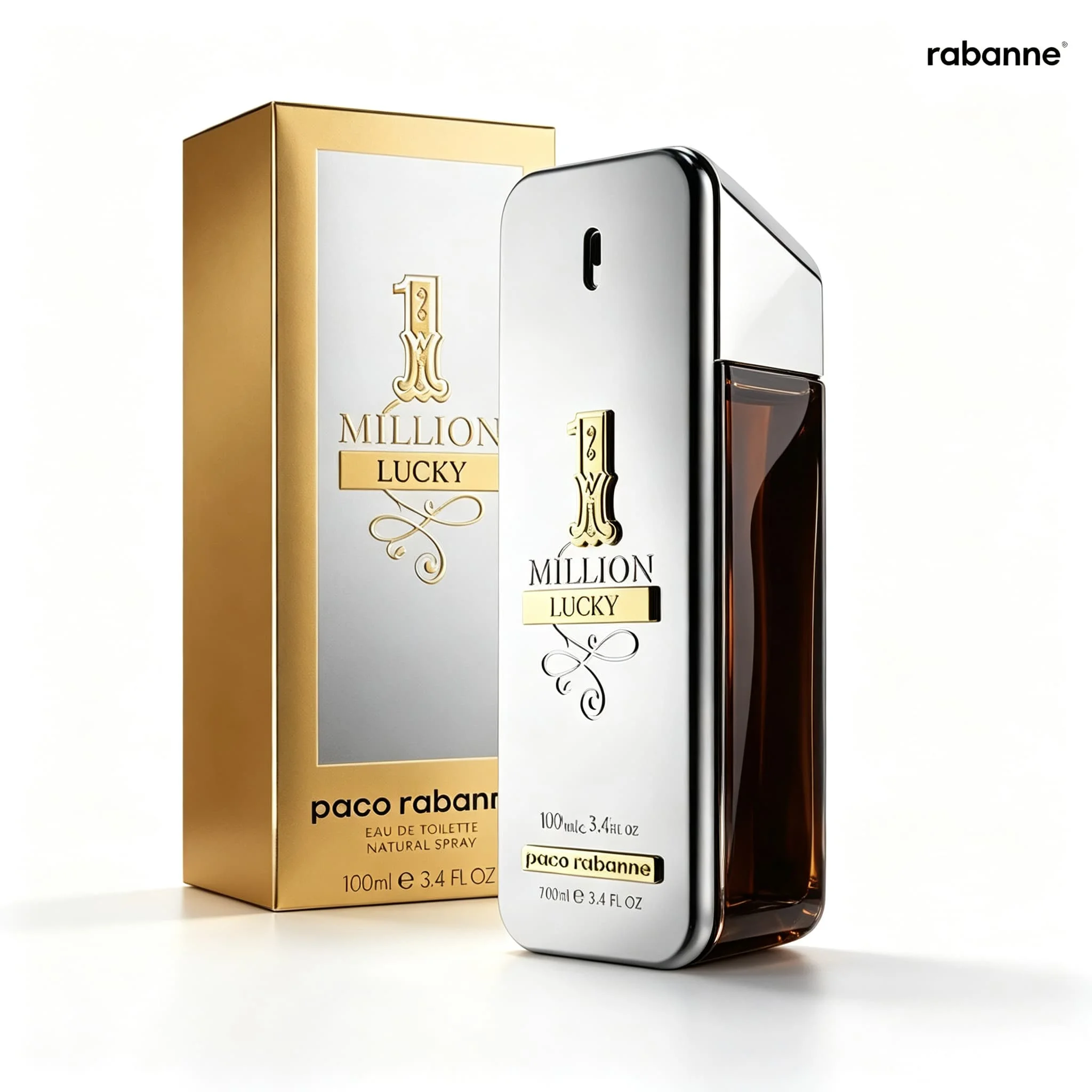Rabanne 1 Million Lucky Men's Gulong perfume, 3.4oz 100ml, gourmet woody top note citrus+fruity middle note honey+nuts+white flowers | amber woody finish, lasting fragrance, 6-8 hours of daily