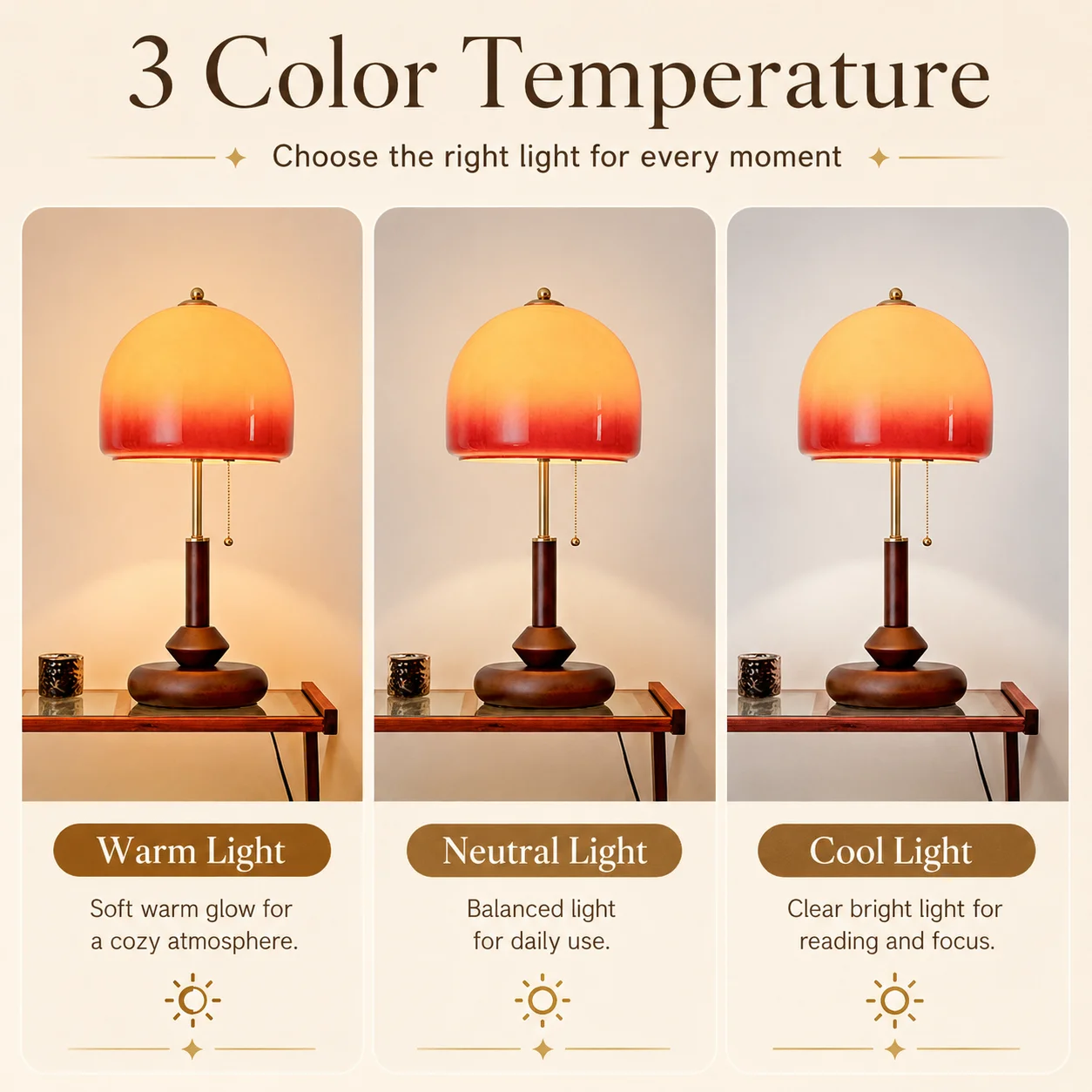 Vintage Glass Table Lamp with Amber Shade, LED Bedside Lamp with Pull Chain Switch, Solid Walnut Wood Base, Plug-in Accent Lamp for Bedroom Living Room Study