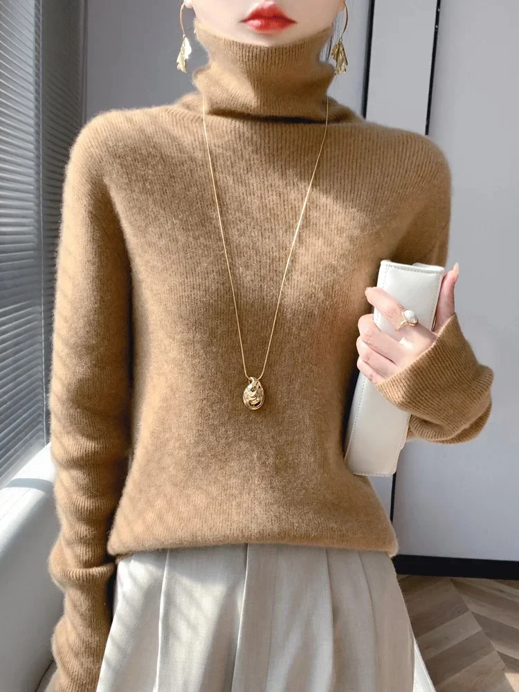 Sweter damski z golfem Slim Fit Solidne swetry Grube ciepłe jesienne zimowe swetry Wysoka rozciągliwość Koreańska moda Koszule z dołem — zdjęcie 2