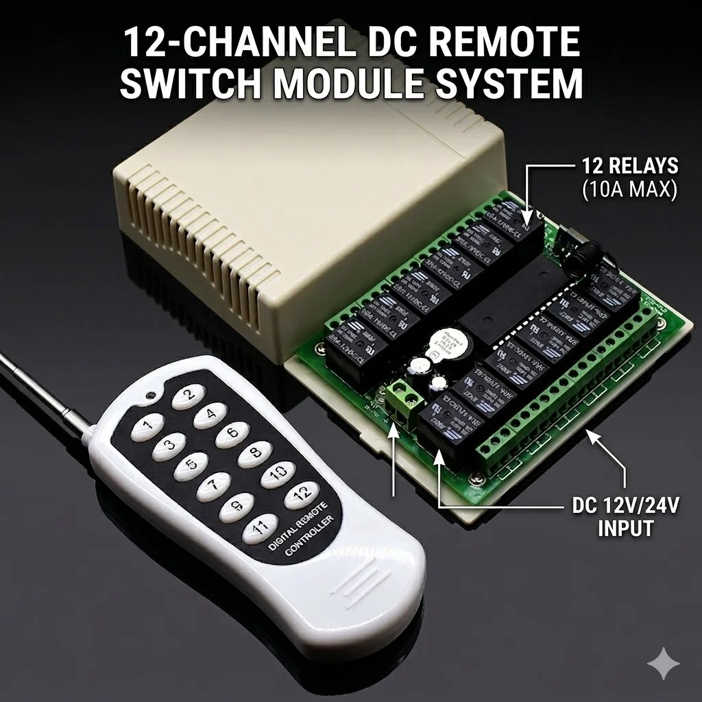 12CH Remote Control Receiver Switch Module DC 12V/24V for Garage Doors,Motors,Lights,Home Automation With 433MHz Transmitter