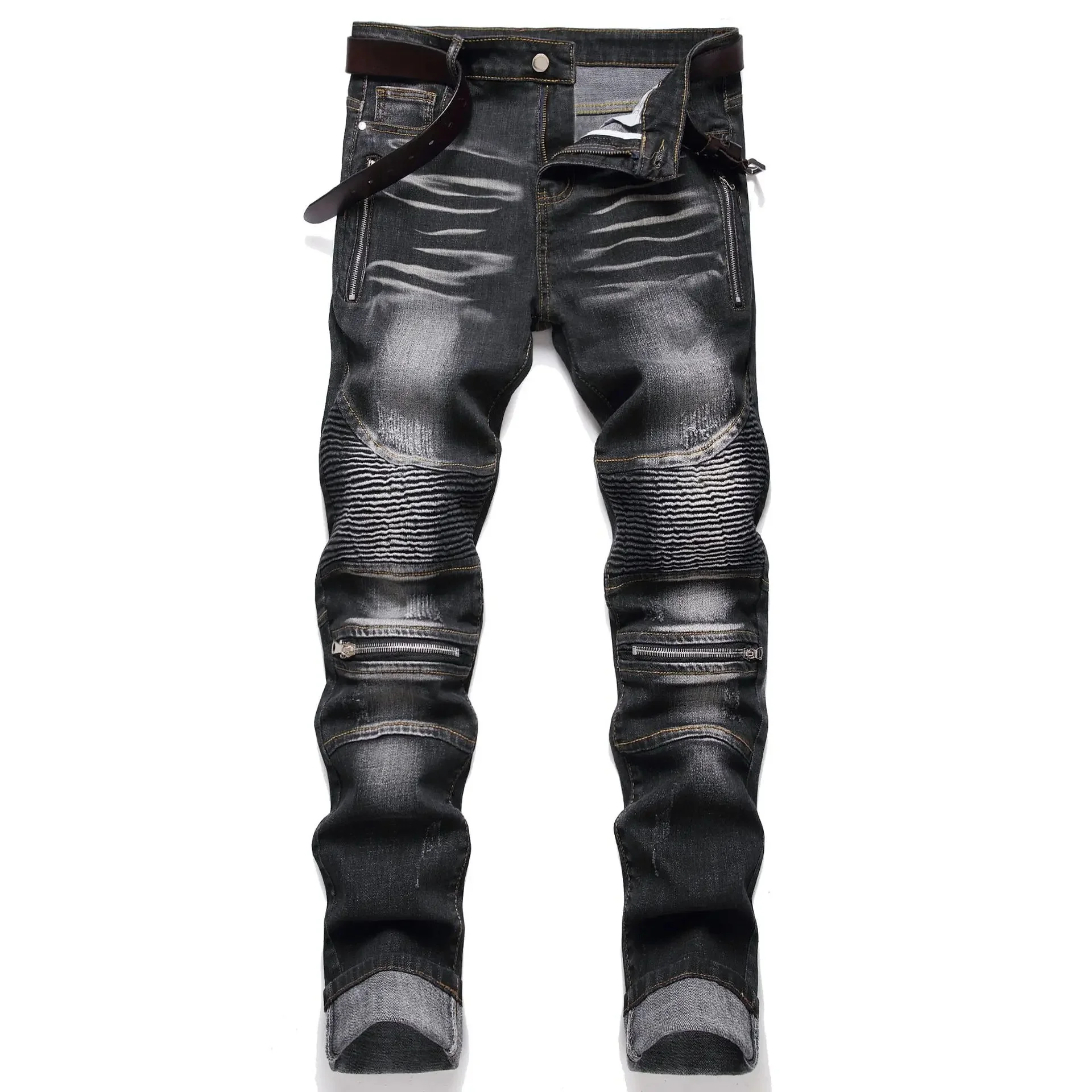 Jeans Men Vintage Distressed Pencil Pants Mid Waist Zipper Pockets Slim Ankle Length Trousers Straight Denims 2024 Streetwear