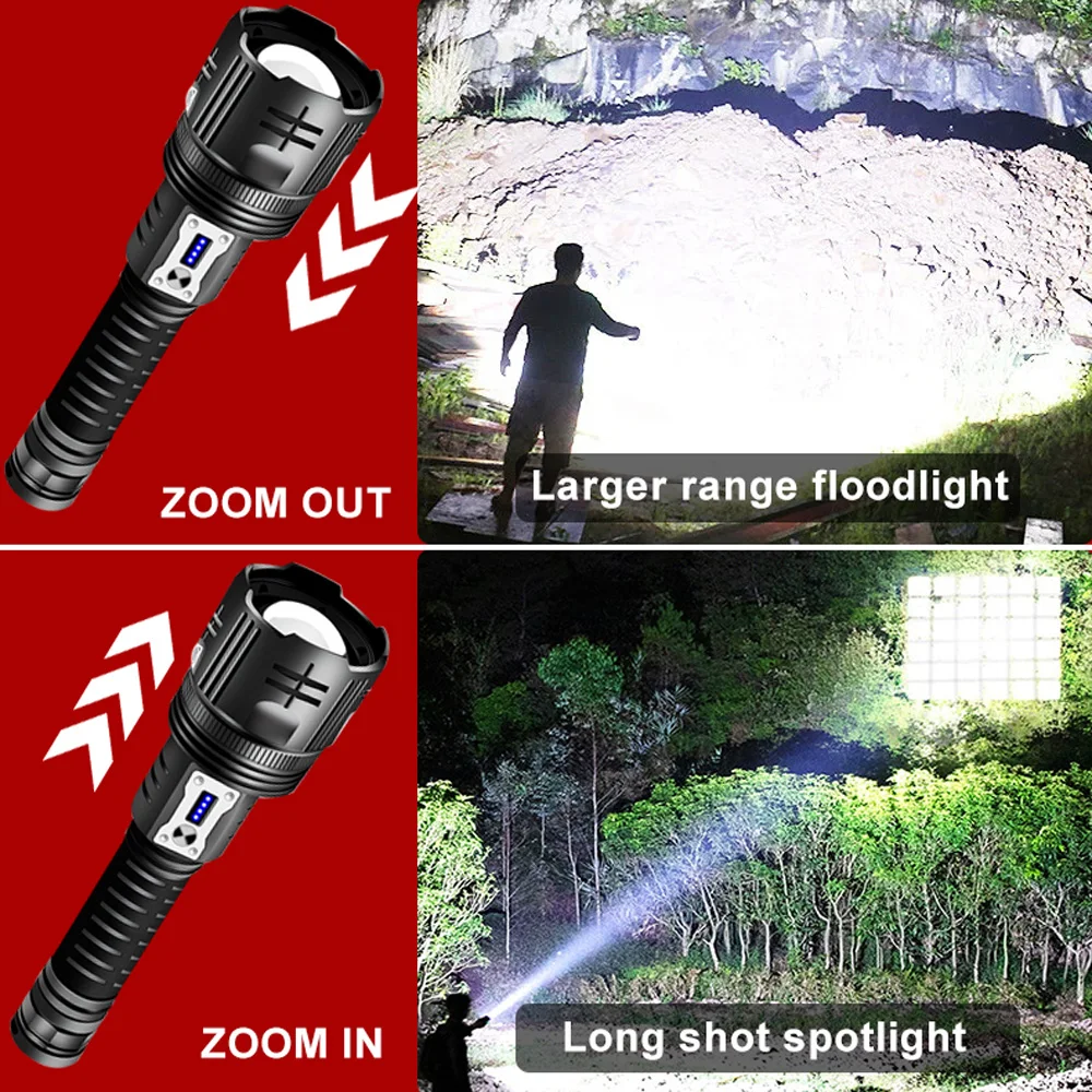 100000000LM XHP360 Most Powerful LED Flashlight 26650 5 Modes Zoom Torch USB Rechargeable XHP199 High Power LED Flashlight Torch