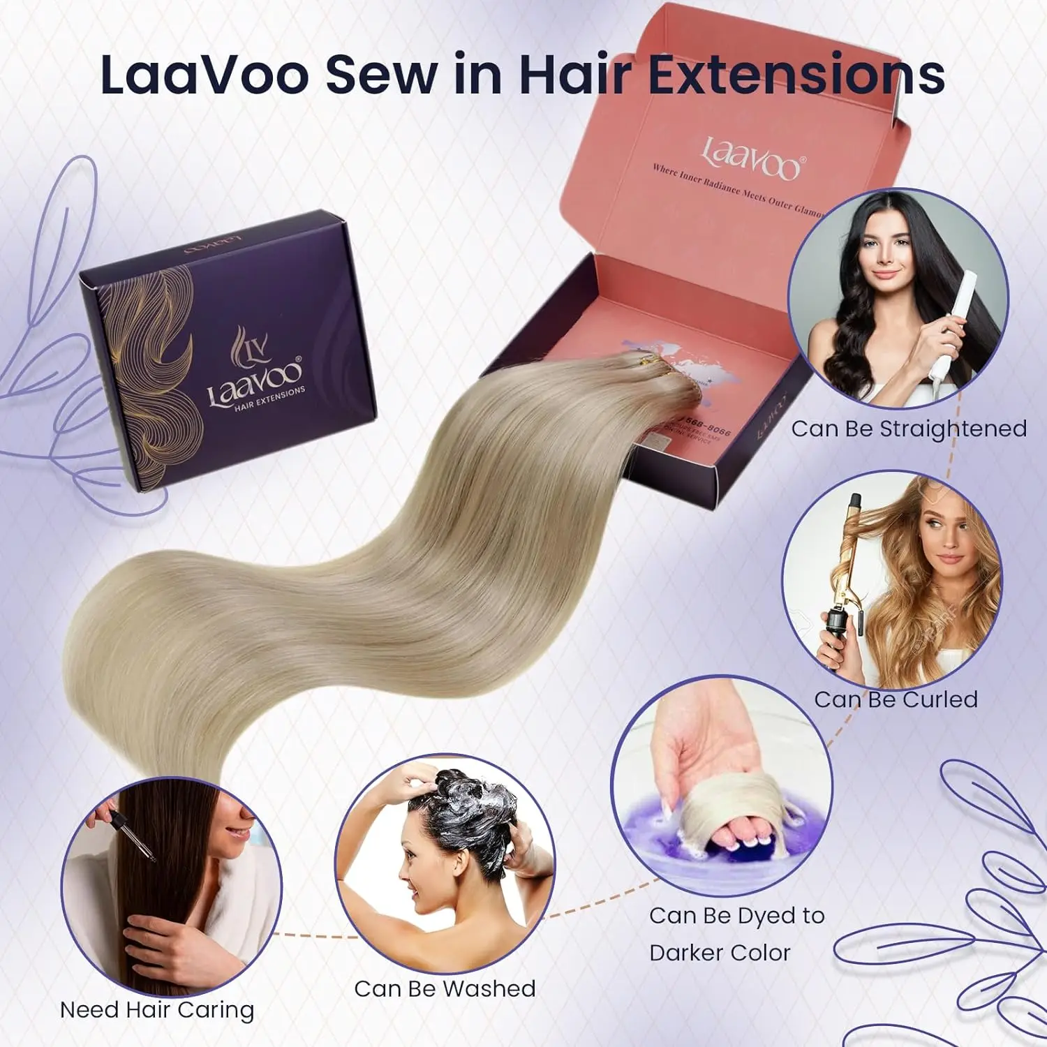 LaaVoo Haarbündel, Echthaar, 100 % echte Remy-Haarverlängerungen, blondes Highlight, brasilianisches, natürliches, glattes Einnähen, 100 g