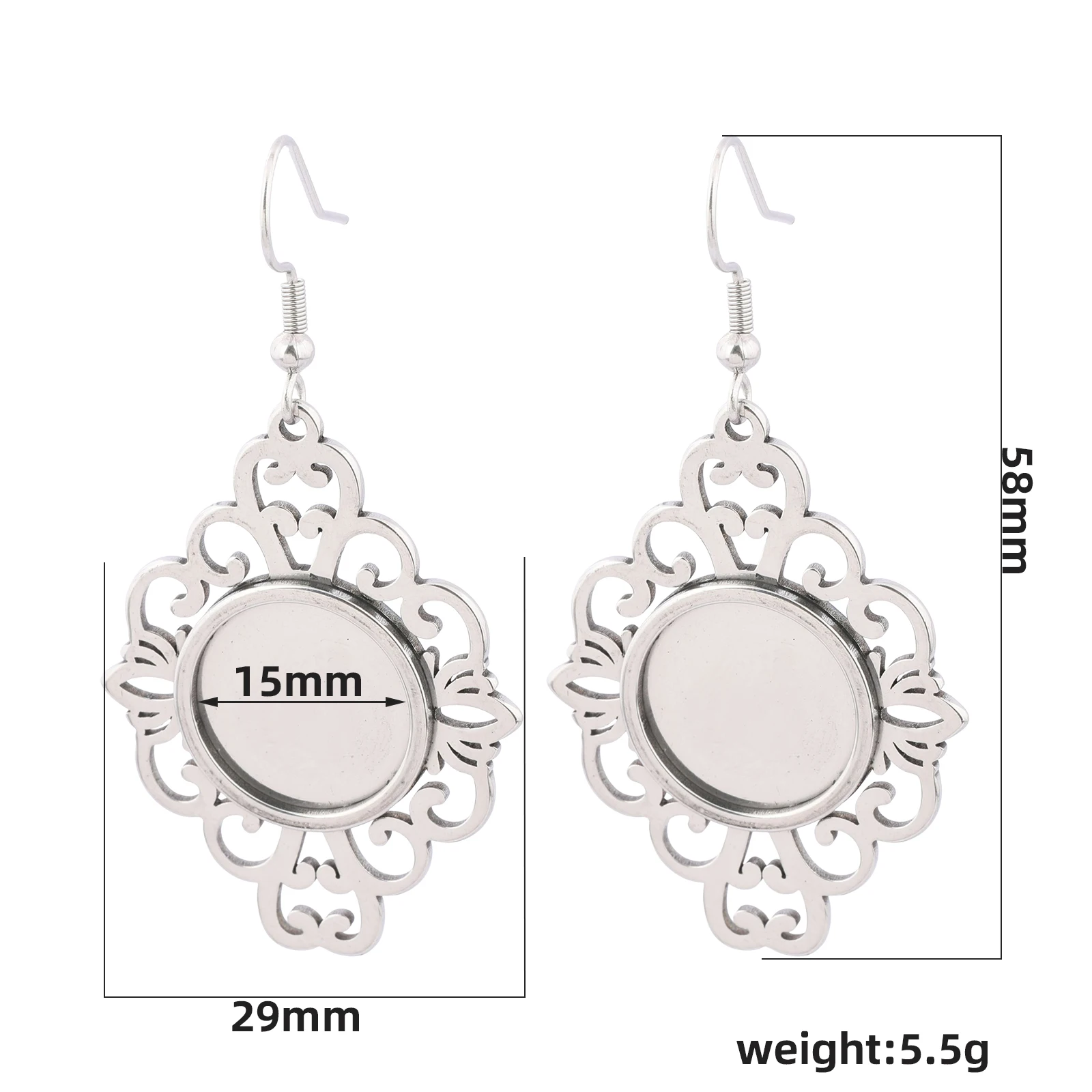 6pcs Stainless Steel Hollow Lace Earring Base Blanks Fit 15mm Round Cabochon Earrings Bezel Settings Diy Hooks Findings