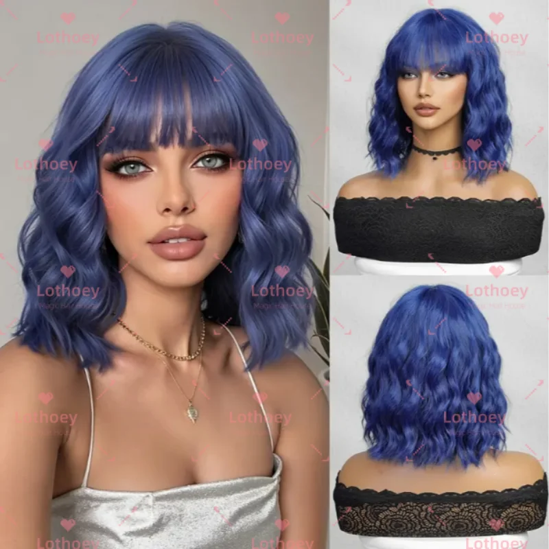 

Blue bangs body wave wig natural luster comfortable breathable light lively cosplay music festival human hair wig