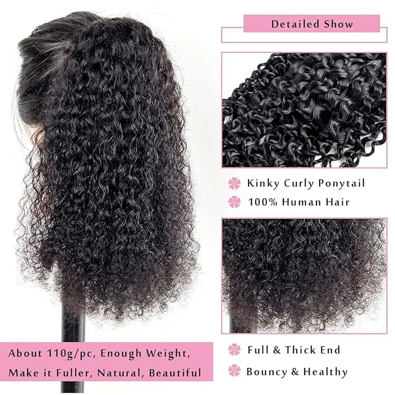 Curly Ponytail Extensions Deep Wave Drawstring Ponytail For Black Women Human Hair With Clip In Thick Ponytail Hair Natural #1B