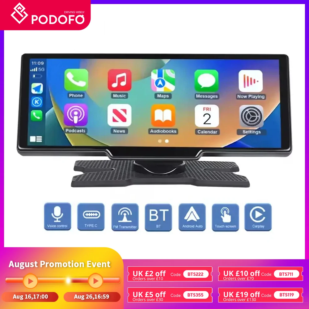Podofo Wireless Carplay Portable Digital Dashboard Android Auto 10.26 Inch Smart Player With Voice Control 1080P BT TF