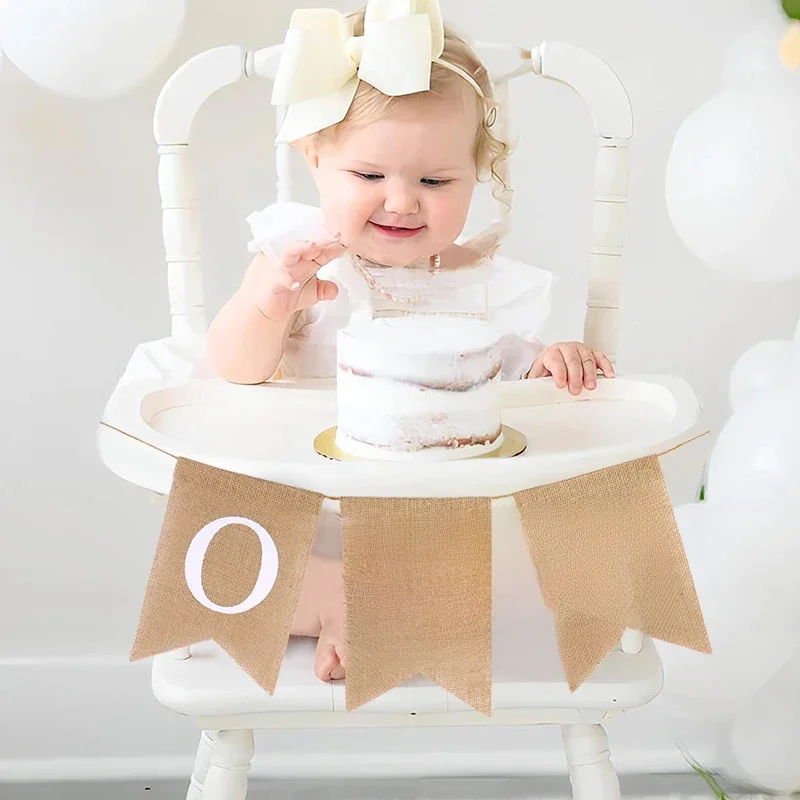 Bannière de chaise de premier anniversaire pour bébé, une guirlande en toile de jute, pour garçon et fille d'un an, décoration de fête d'anniversaire, fournitures d'accessoires Photo