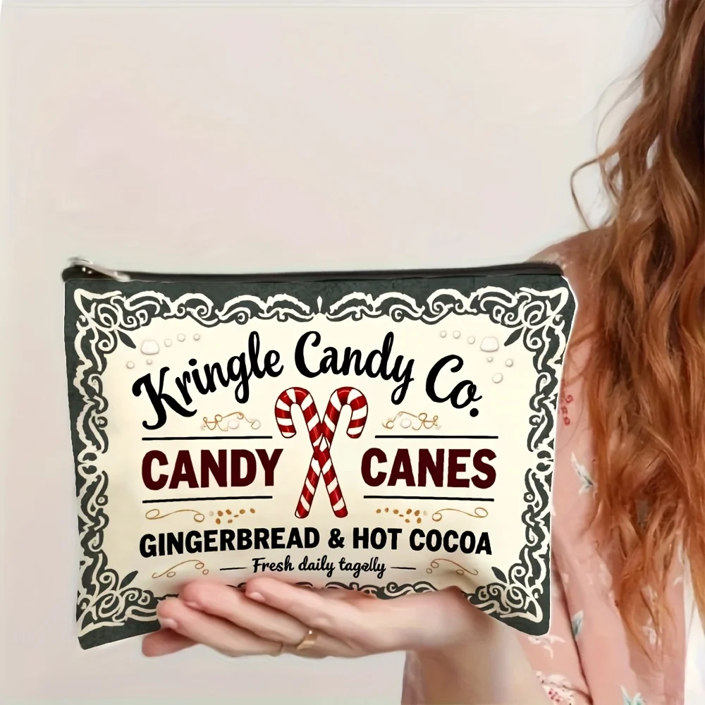 1Pc Candy Cane and Gingerbread Hot Cocoa Retro Design Makeup Bag, Snack Storage Bag, Stationery Storage Bag, Fashionable Toiletry Bag, Canvas Double-Sided Printed Travel Bag