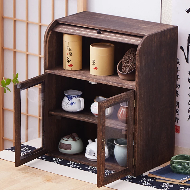 Solid wood kitchen tea utensils tableware organizer shelf storage teapot rack desktop dust tea roll-up door storage tea cabinet