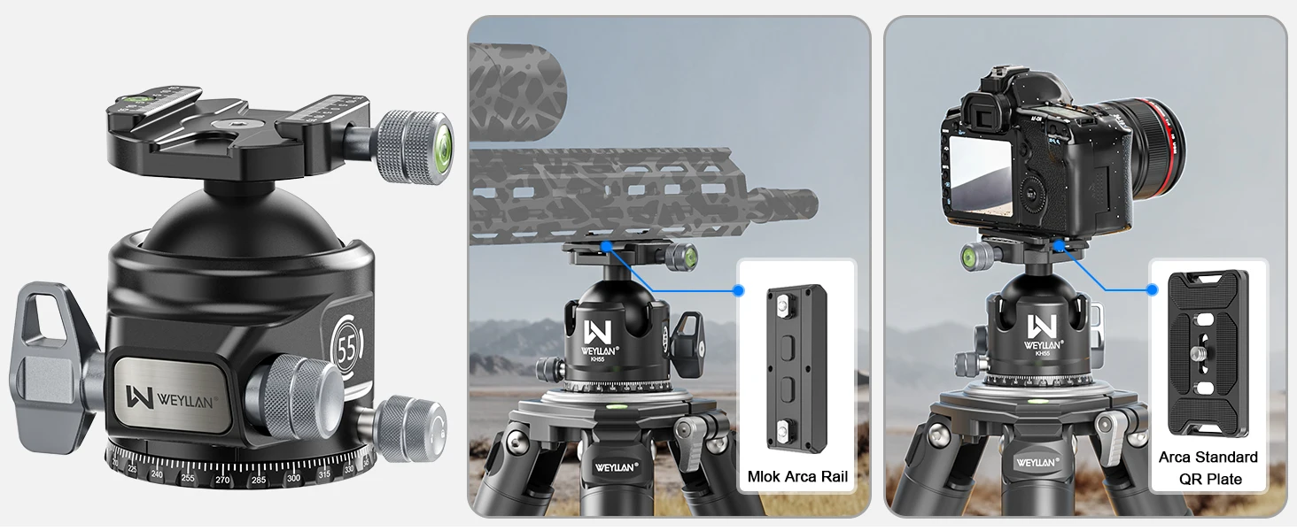 KH55 55 mm Kugelkopf für schwere DSLR, versiegeltes CNC-Aluminium 360 ° Panorama-Stativkopfhalterung Arca Swiss Schnellwechselplatte Belastung 40 kg – Detail 2