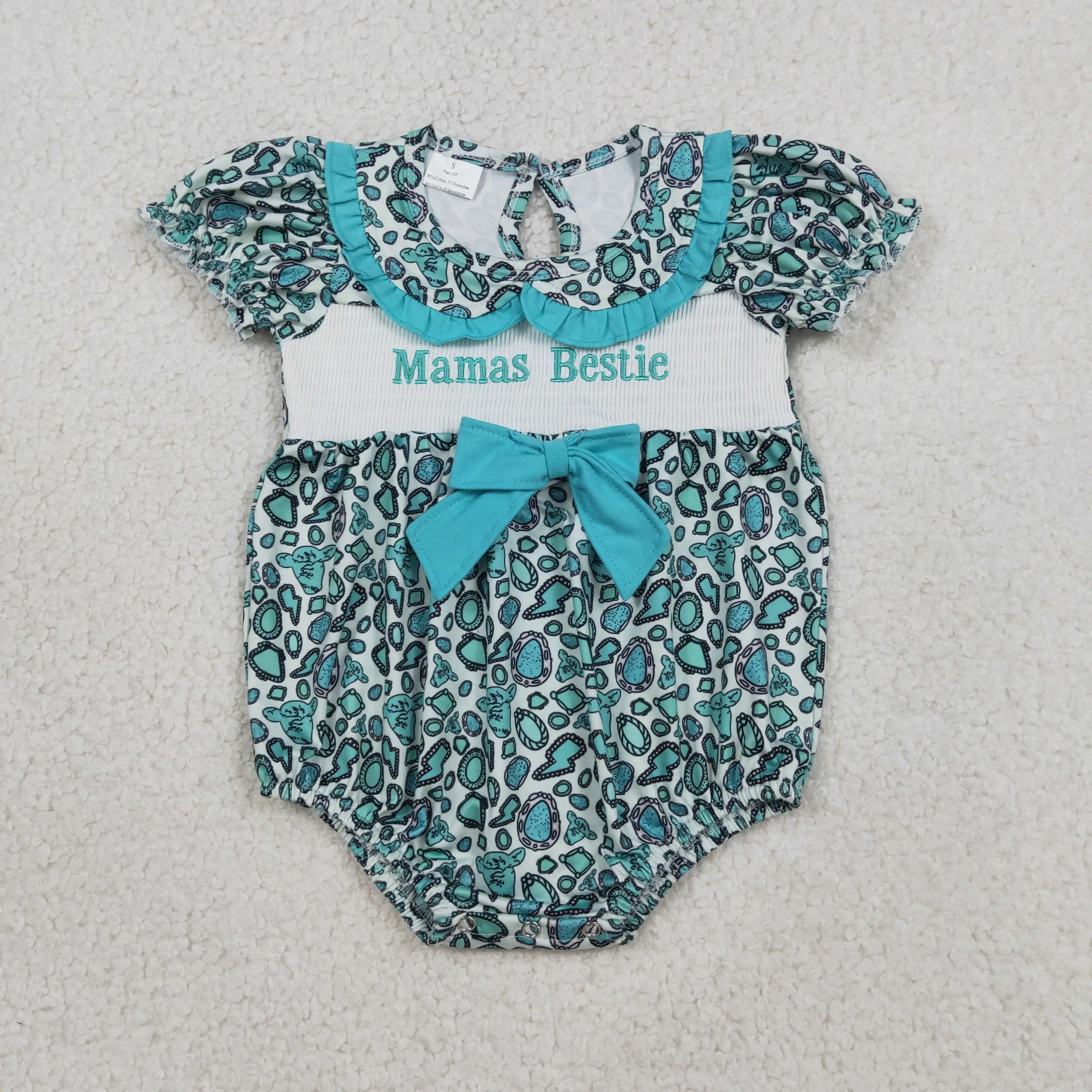 

SR3863 Smocked Mama's Bestie Baby Girls Turquoises Collar Western Ruffle Rompers