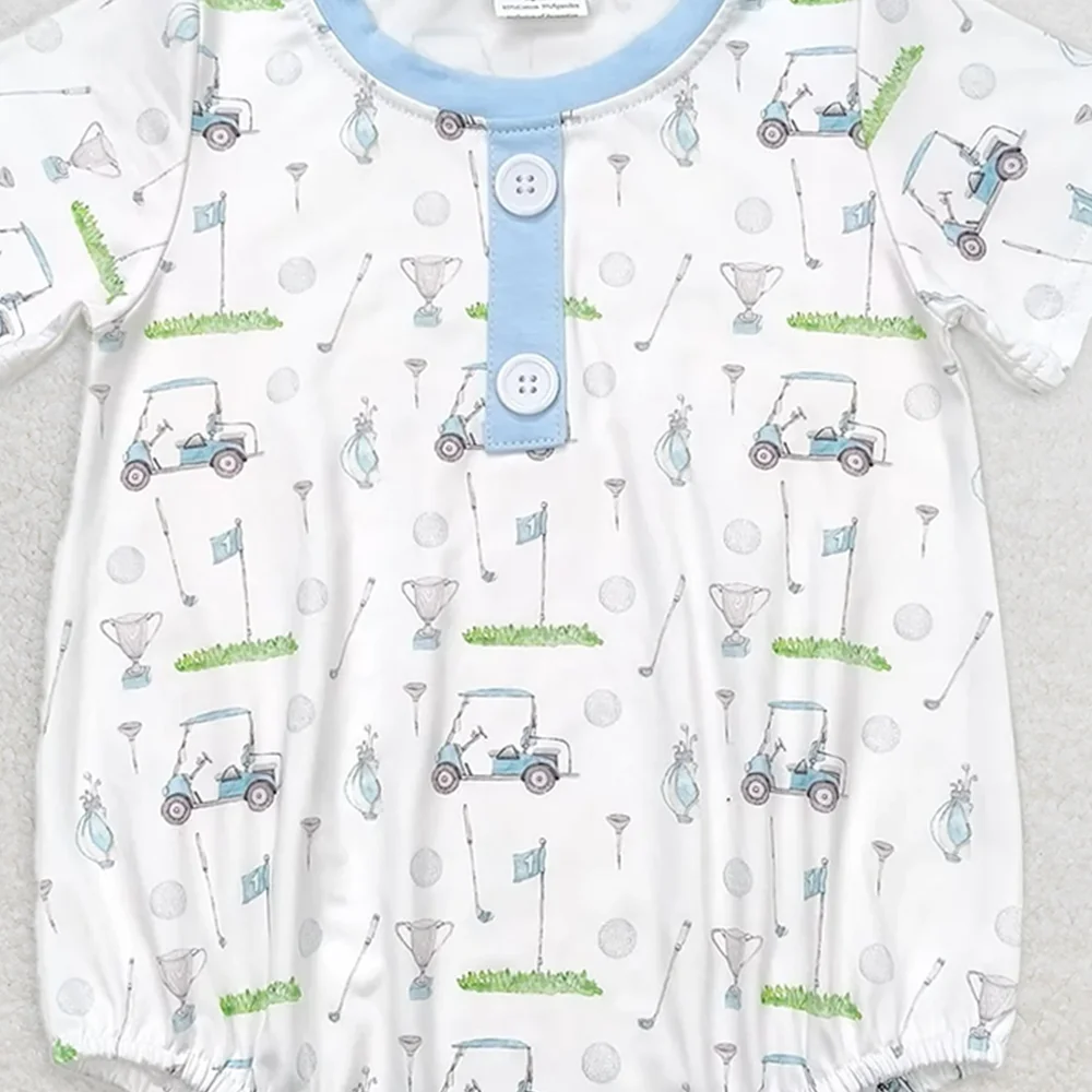 SR1070Baby Boys Summer Rompers Baby Infant Boys Golf Blue Buttons Rompers