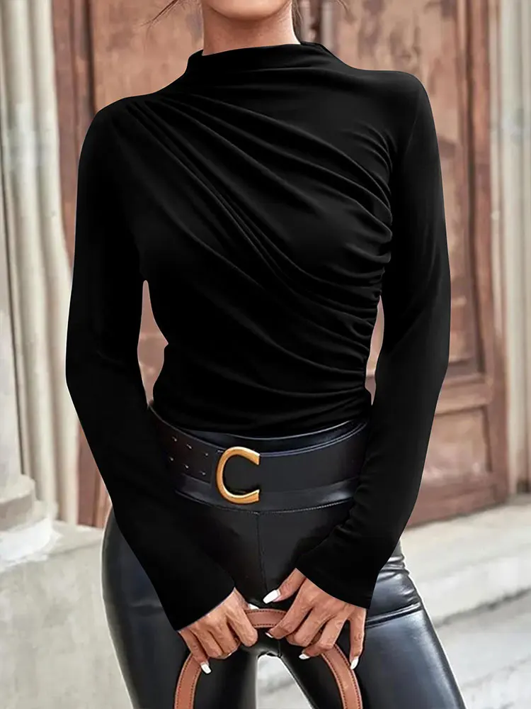 

Black Sexy Women's T-shirt Autumn New Streetwear Fashion Folds Long Sleeves Tees Top Casual Slim Lady Versatile T-shirt Clothing