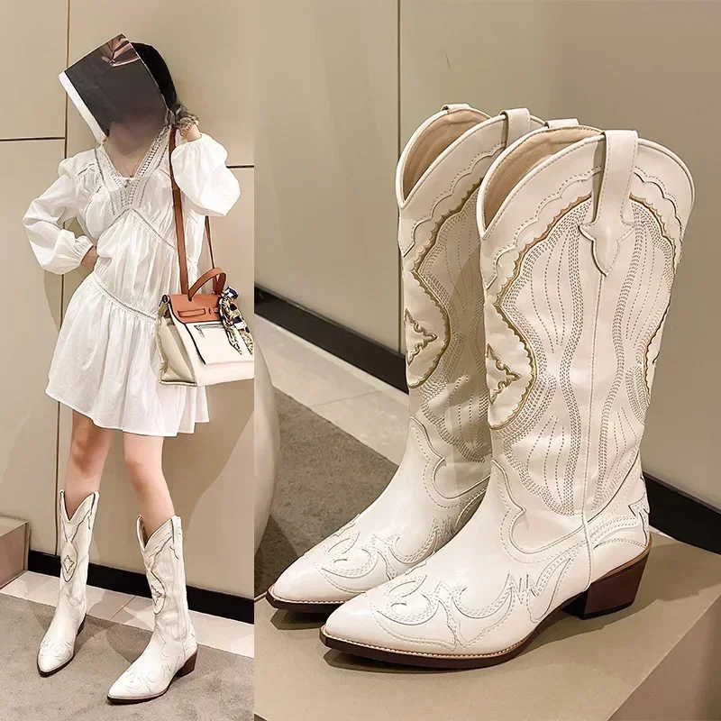 Bottes occidentales brodées mi-mollet pour femmes, bottes de Cowboy à talons carrés, bottes à plateforme à bout pointu, chaussures occidentales pour femmes, grande taille 42