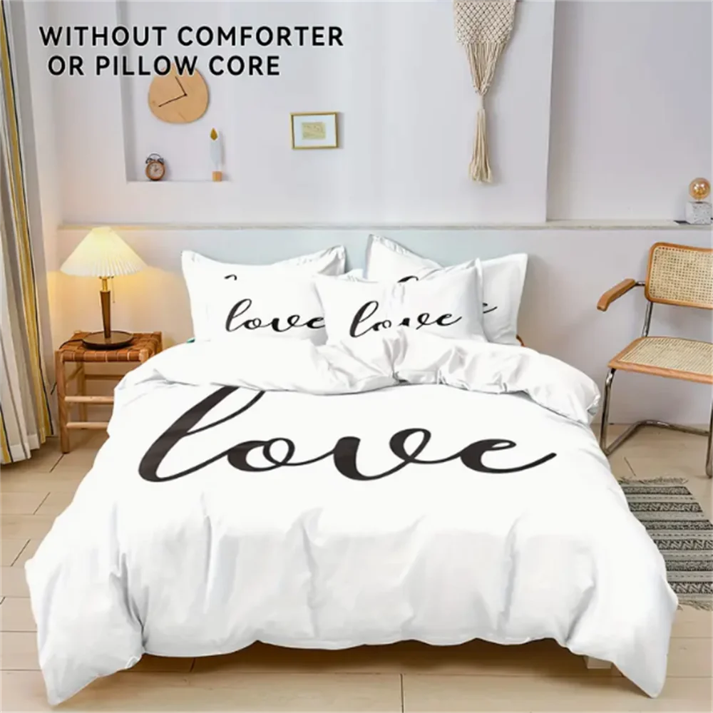 Chic Love-Themed 3-Piece Duvet Cover Set - Soft & Comfortable Black and White Bedding for Bedroom, Guest Room (Includes 1 Duvet