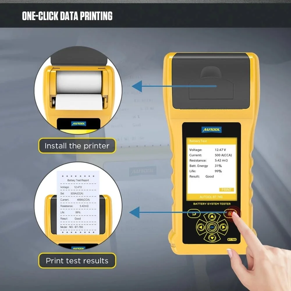 New AUTOOL BT760 Car Battery Tester with Printer 6- 32V Color Screen Test Battery/Cranking/Charging/Max Load