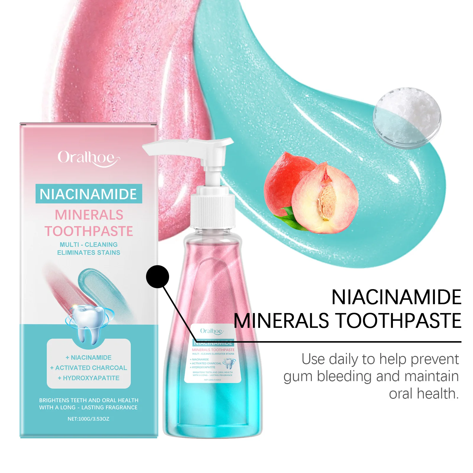 Oralhoe Niacinamide Press Pump Toothpaste Activated Charcoal Teeth Whitening Remove Stain Fresh Breath Oral Care Tooth Paste - view 6