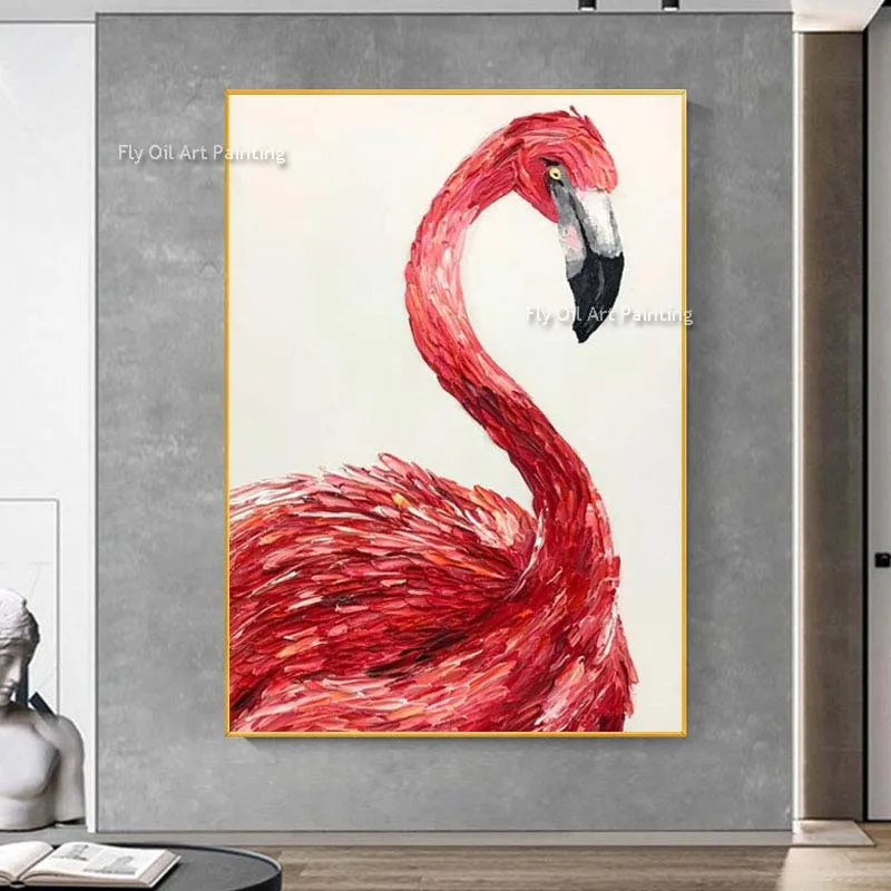 Red Flamingo Knife Canvas Painting Hand Painted Bird Canvas Wall Art Original Oil Painting For Living Room Wall Decor As Giftf