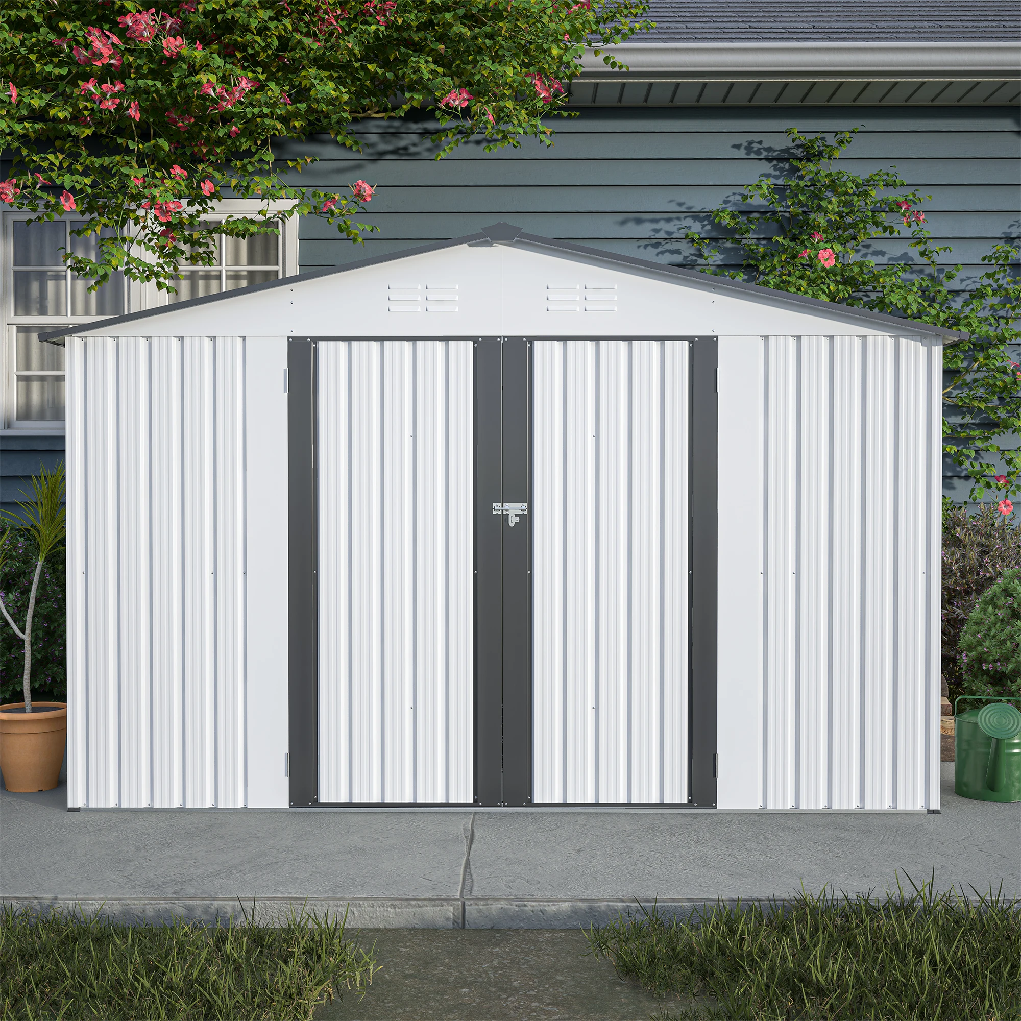 

10x8 ft outdoor metal storage shed, all-weather, lockable doors, garden, patio, backyard use10x8 ft White No Floor Frame