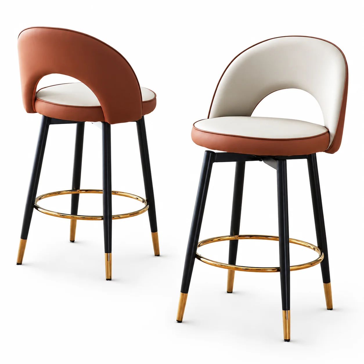 Ensemble de 2 modernes 360 °   tabourets de bar pivotants en cuir PU et métal, rembourrés ergonomiquement, 47×44×92 cm, marron/noir – pour bar, cuisine et salle à manger